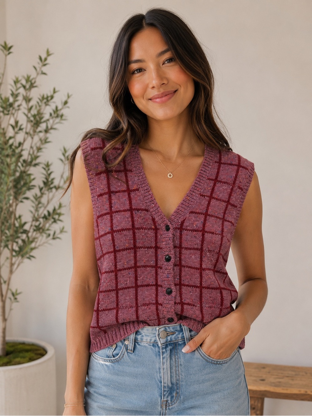 Vintage villager wool blend Plum and Burgundy Windowpane Knit Vest L